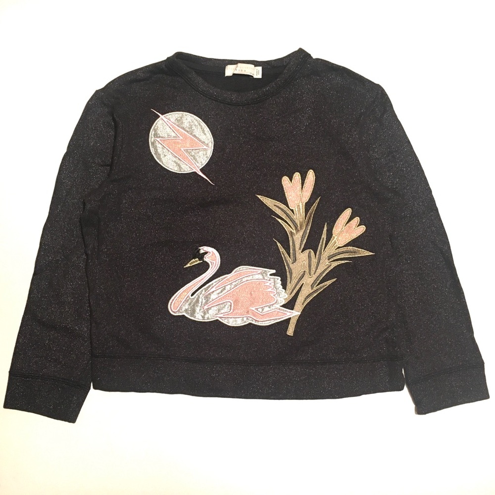 Stella McCartney Kids Sweatshirt Top Swan Applique Black Metallic Silver Pink 10